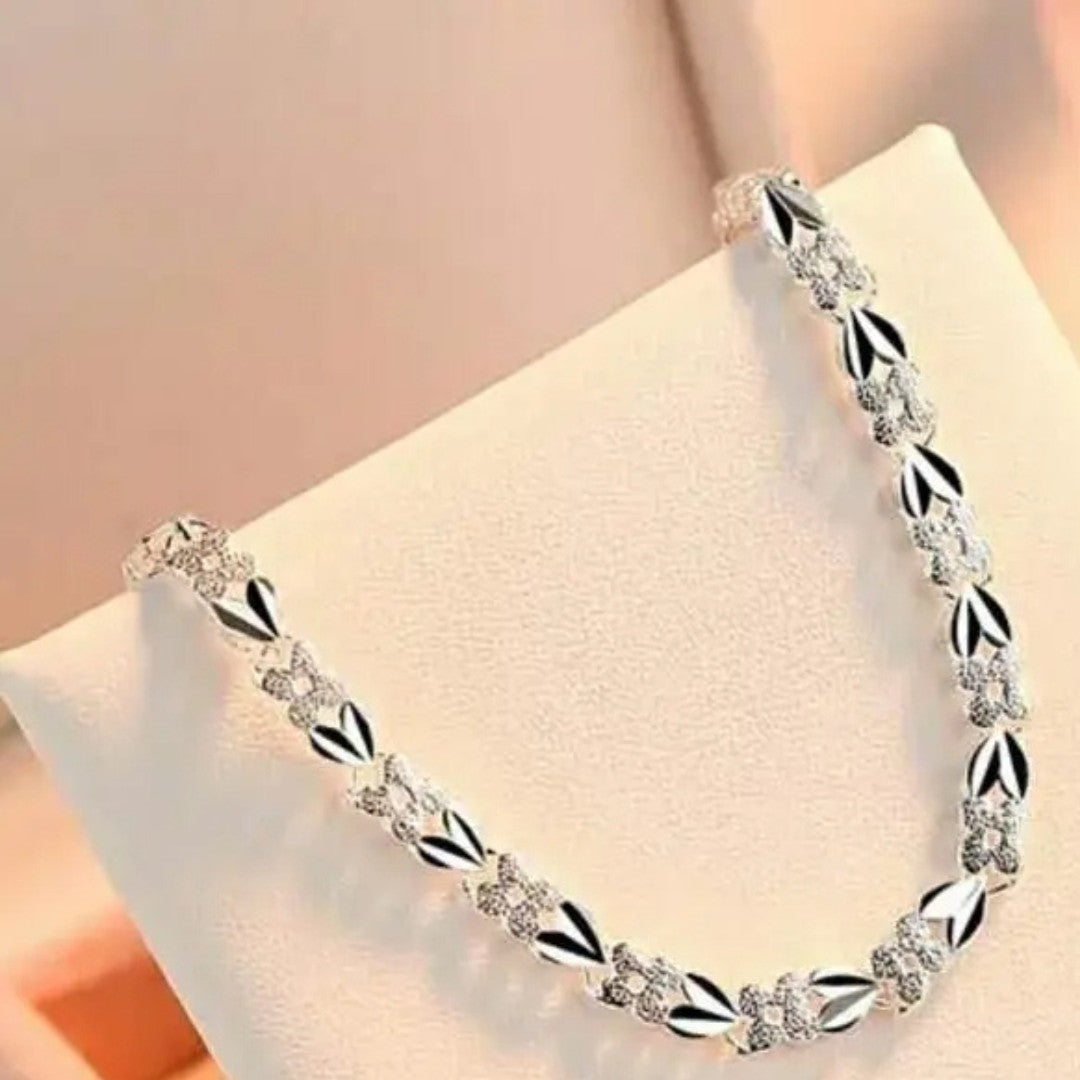 925 Sterling Silver Floral Link Bracelet for Women with Heart Charm, Elegant 414