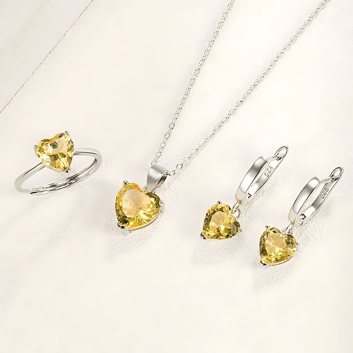 925 Sterling Silver Yellow Heart Crystal Necklace Earrings Ring Set B32