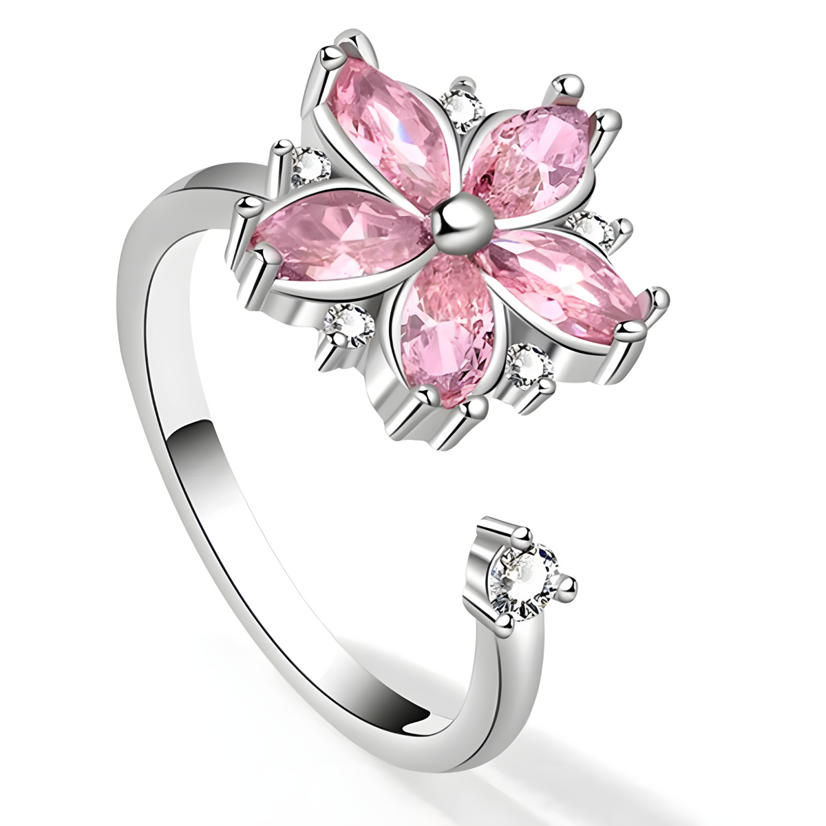 925 Sterling Silver Pink Zircon Rotatable Flower Adjustable Ring Spinning 365