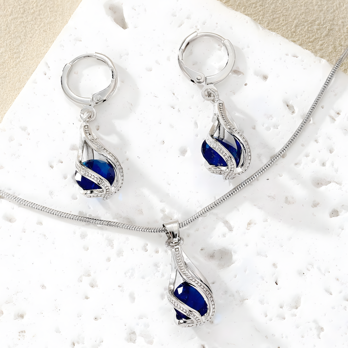 Blue Crystal Teardrop Jewellery Set Women, Silver Tone Water Drop Pendant 1718
