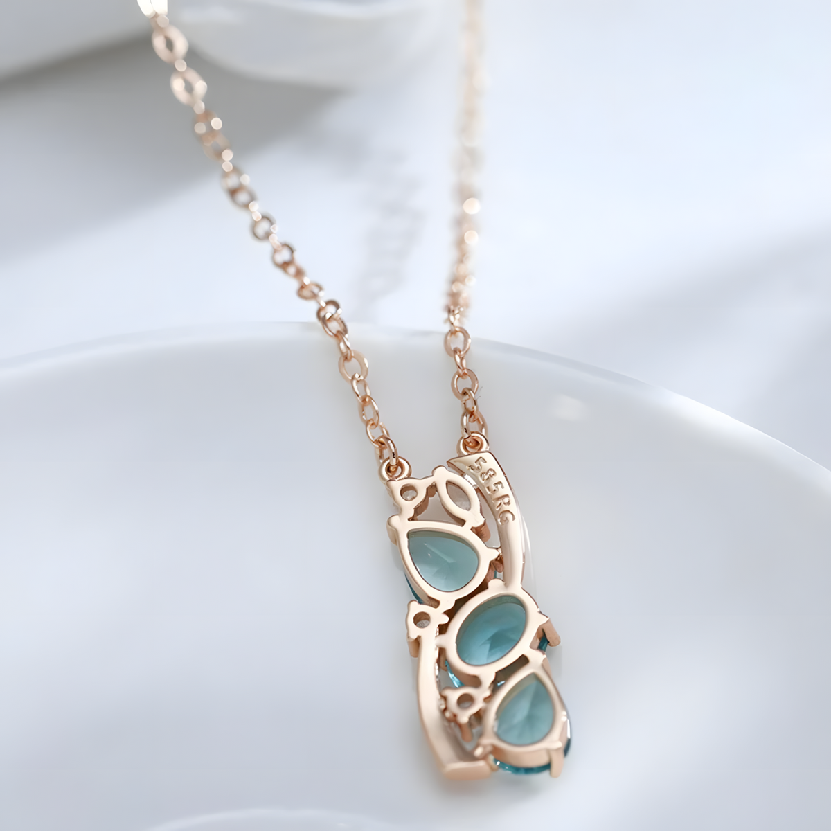 Blue Natural Zircon Pendant Necklace for Women, 585 Rose Gold Color Copper 1265