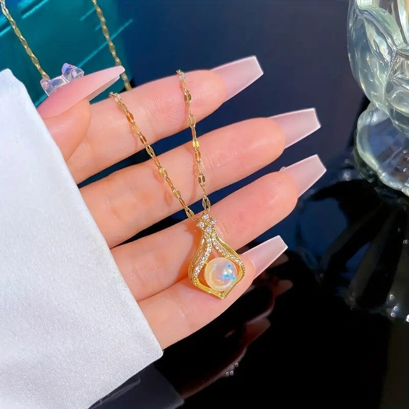 Stainless Steel Water Drop Pearl Pendant Necklace Women Fashion Clavicle 27 UK