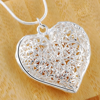 Filigree Heart Pendant Necklace for Women – Silver Plated Alloy Floral Cut 1101