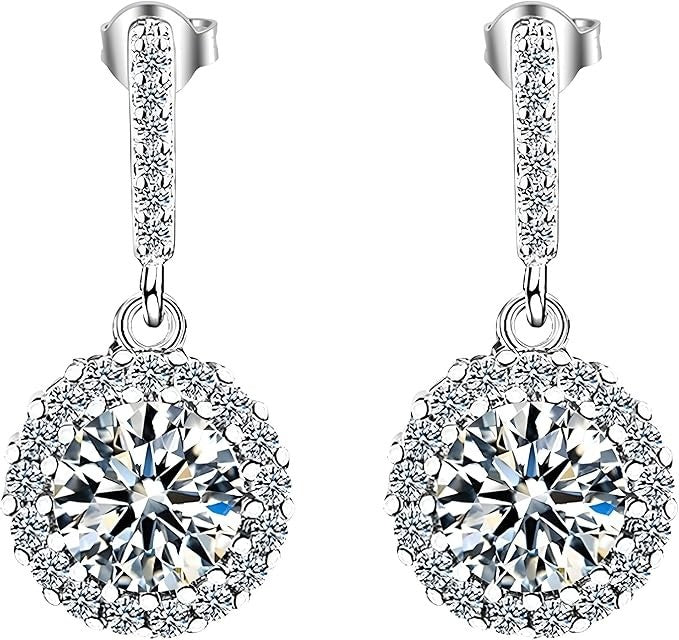 Sterling Silver Cubic Zirconia Halo Drop Earrings - 23mm Dangle Earrings 341