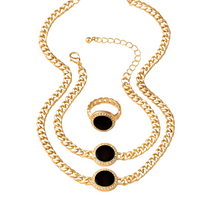 Black Round Pendant Gold Chain Necklace Bracelet Ring Set – Elegant 3-Piece 685