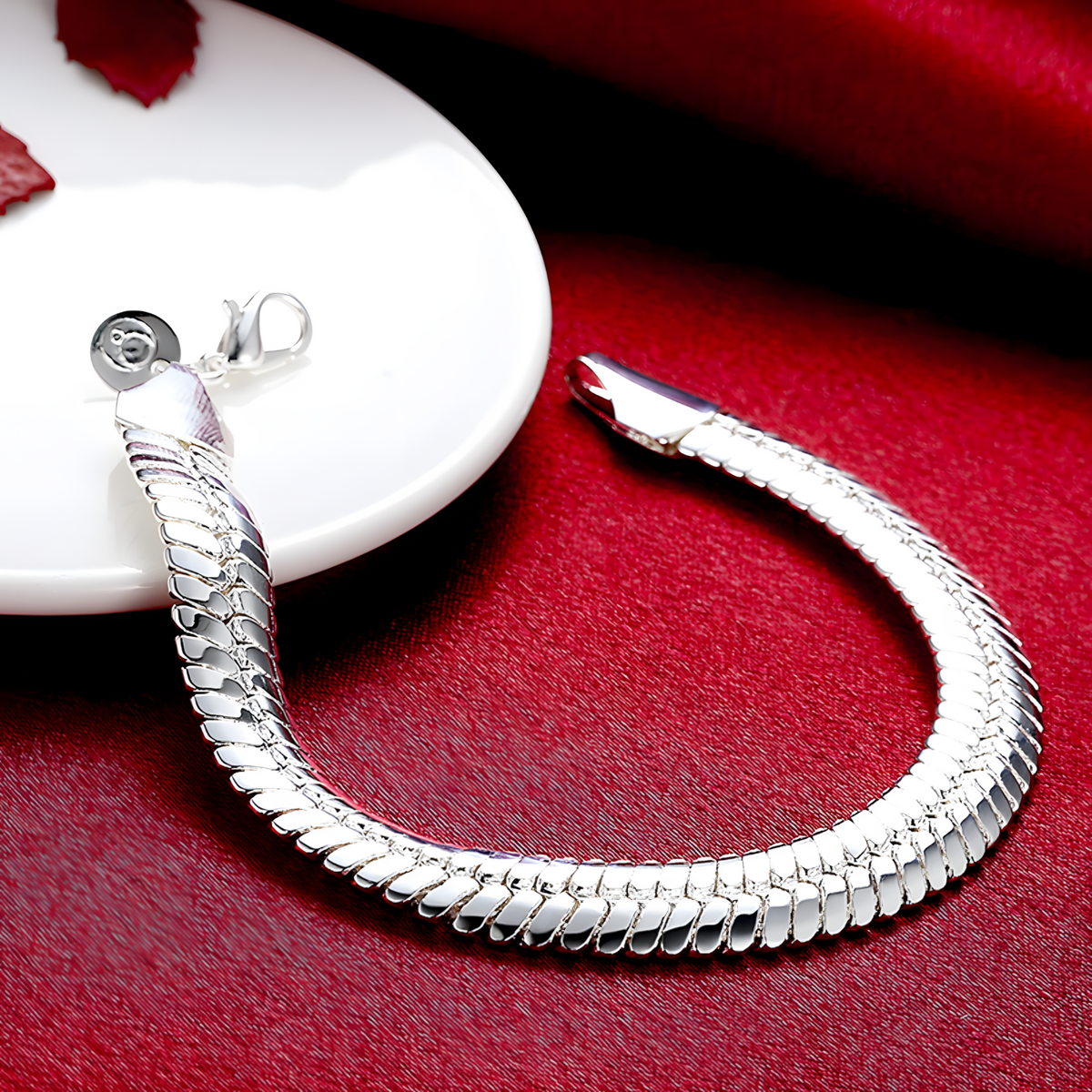 925 Sterling Silver Chain Bracelet for Women - Polished Flat Link Statement 1814