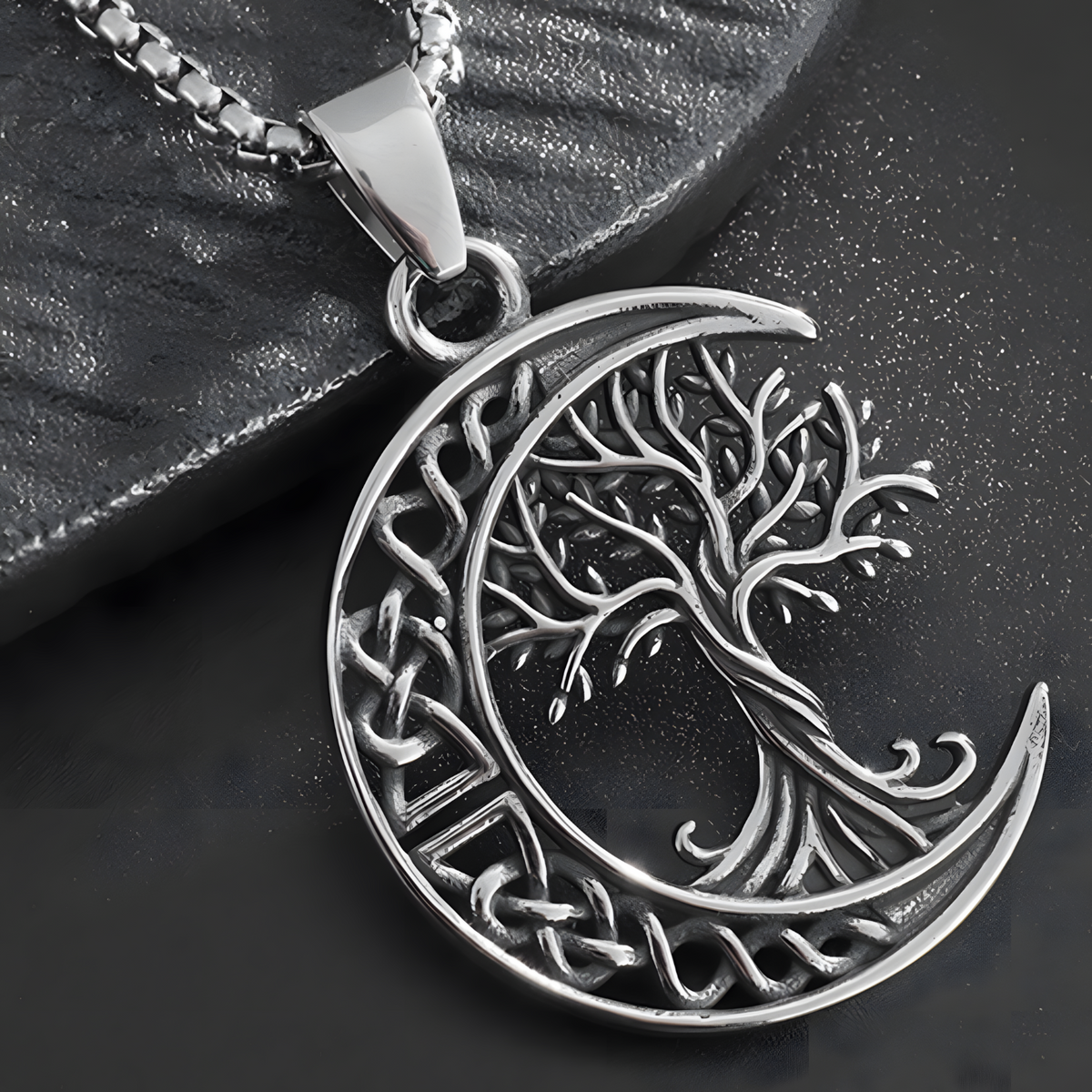 Stainless Steel Tree of Life Moon Pendant Necklace 600mm Chain Jewelry B25