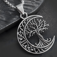 Stainless Steel Tree of Life Moon Pendant Necklace 600mm Chain Jewelry B25