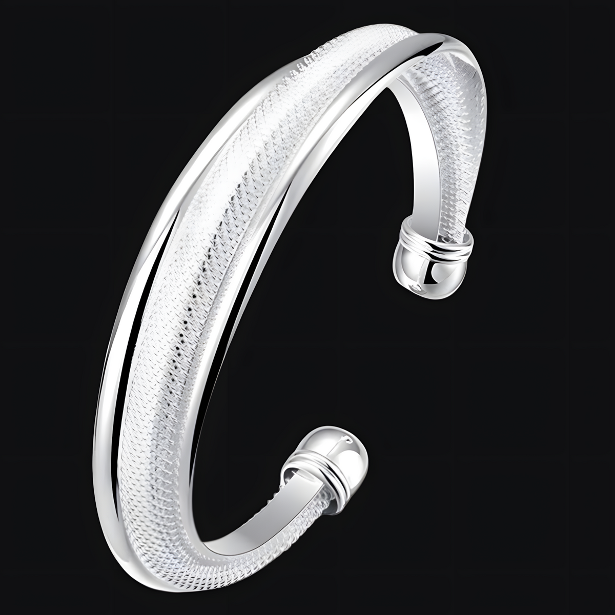 925 Silver-Plated Textured Open Bangle Bracelet Adjustable Unisex Round Cuff 884
