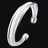 925 Silver-Plated Textured Open Bangle Bracelet Adjustable Unisex Round Cuff 884