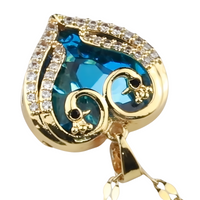 18K Gold Inlaid Cubic Zirconia Heart Pendant Necklace Blue Crystal Heart 1309