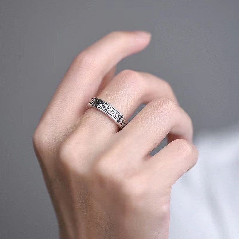 925 Sterling Silver Adjustable Vintage Scroll Band Ring, Engraved Pattern 1884