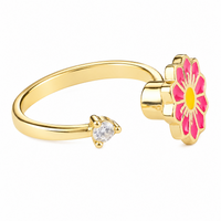Daisy Flower Adjustable Open Ring Gold Tone Statement Ring with Pink Enamel 1597