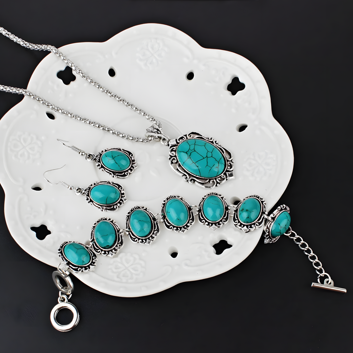Vintage Turquoise Jewelry Set Women Necklace Bracelet Earrings Blue Stone B265