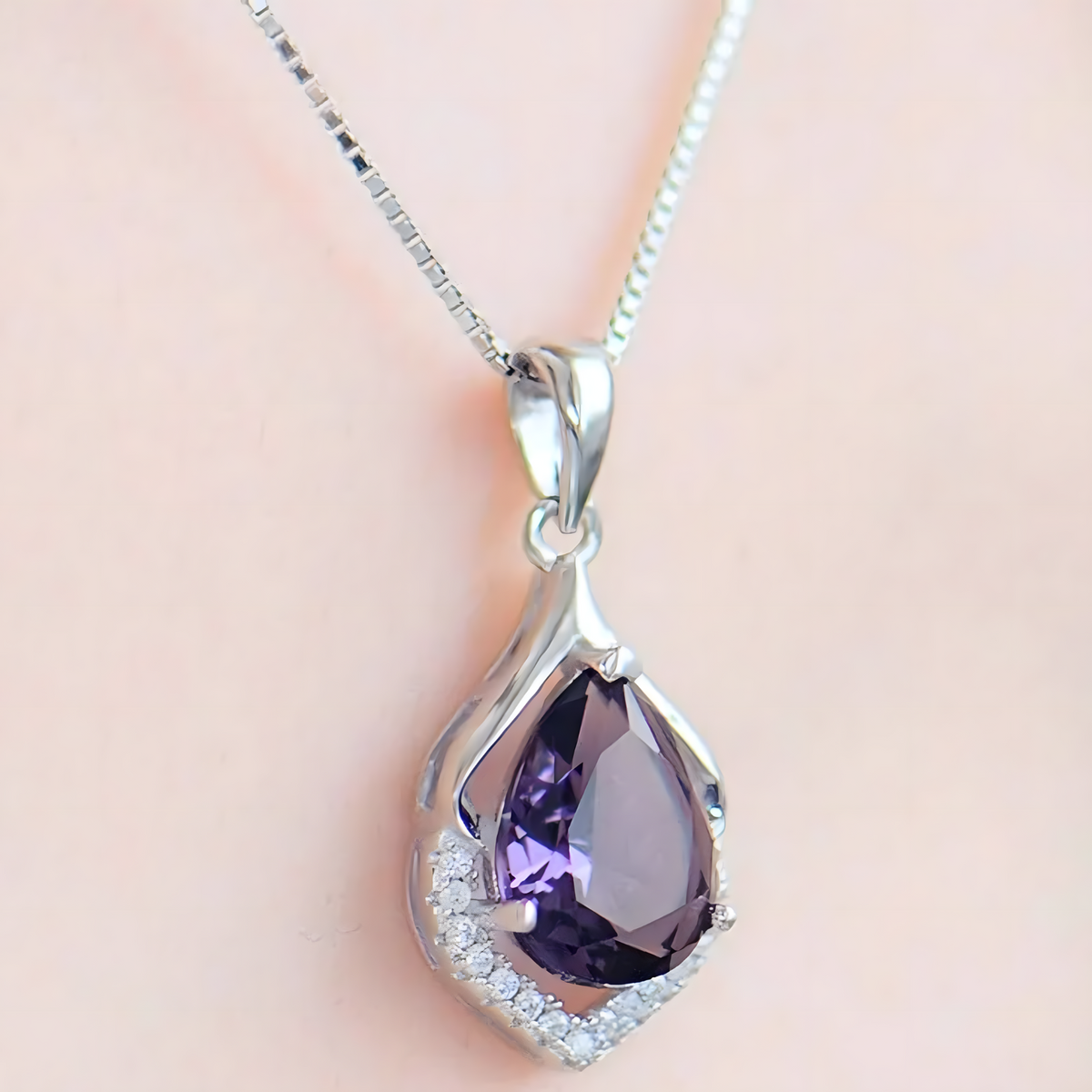Silver Colour Water Drop Pendant Necklace for Women-Purple Crystal Teardrop 669