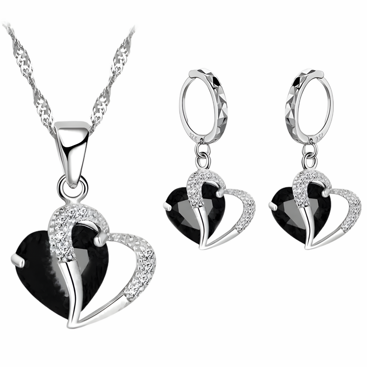 Jet Black Heart Necklace and Earrings Set for Women, Black Heart Pendant 1304