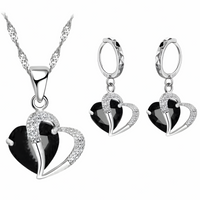 Jet Black Heart Necklace and Earrings Set for Women, Black Heart Pendant 1304