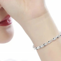 925 Sterling Silver Floral Link Bracelet for Women with Heart Charm, Elegant 414
