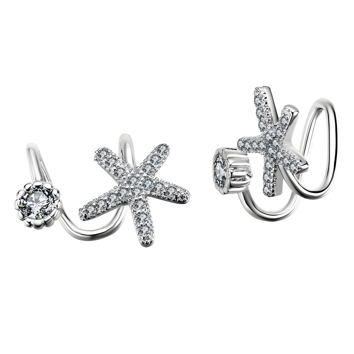 925 Sterling Silver Starfish & CZ Spiral Cuff Earrings - Unique Ear Climber 354