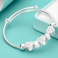 Heart Bow Charm Bangle for Women - Adjustable Polished Bracelet Three Heart 1816