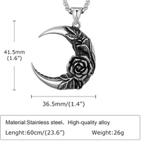 Vintage Crescent Moon Rose Pendant Necklace - Gothic Romantic Moon & Rose 1482