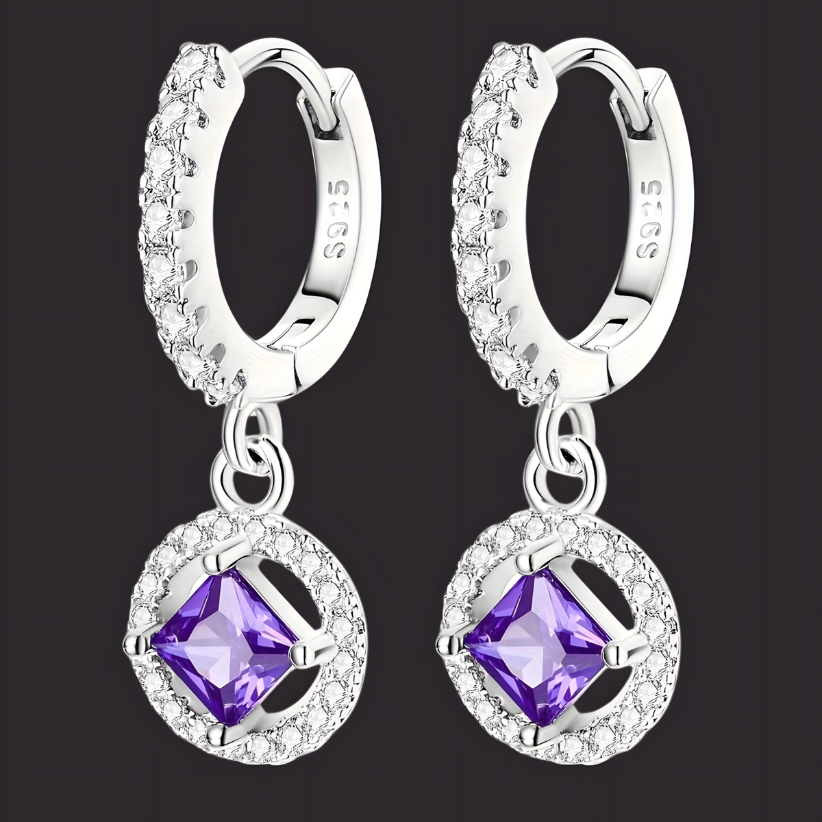 925 Sterling Silver Purple Zircon Drop Earrings Women –Elegant Square Dangle 834