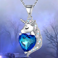 Unicorn Heart Crystal Pendant Necklace Women Zinc Alloy Chain, Artificial 1119