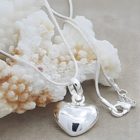 925 Silver-Plated Alloy Heart Pendant Necklace Women Polished Puff Heart 859