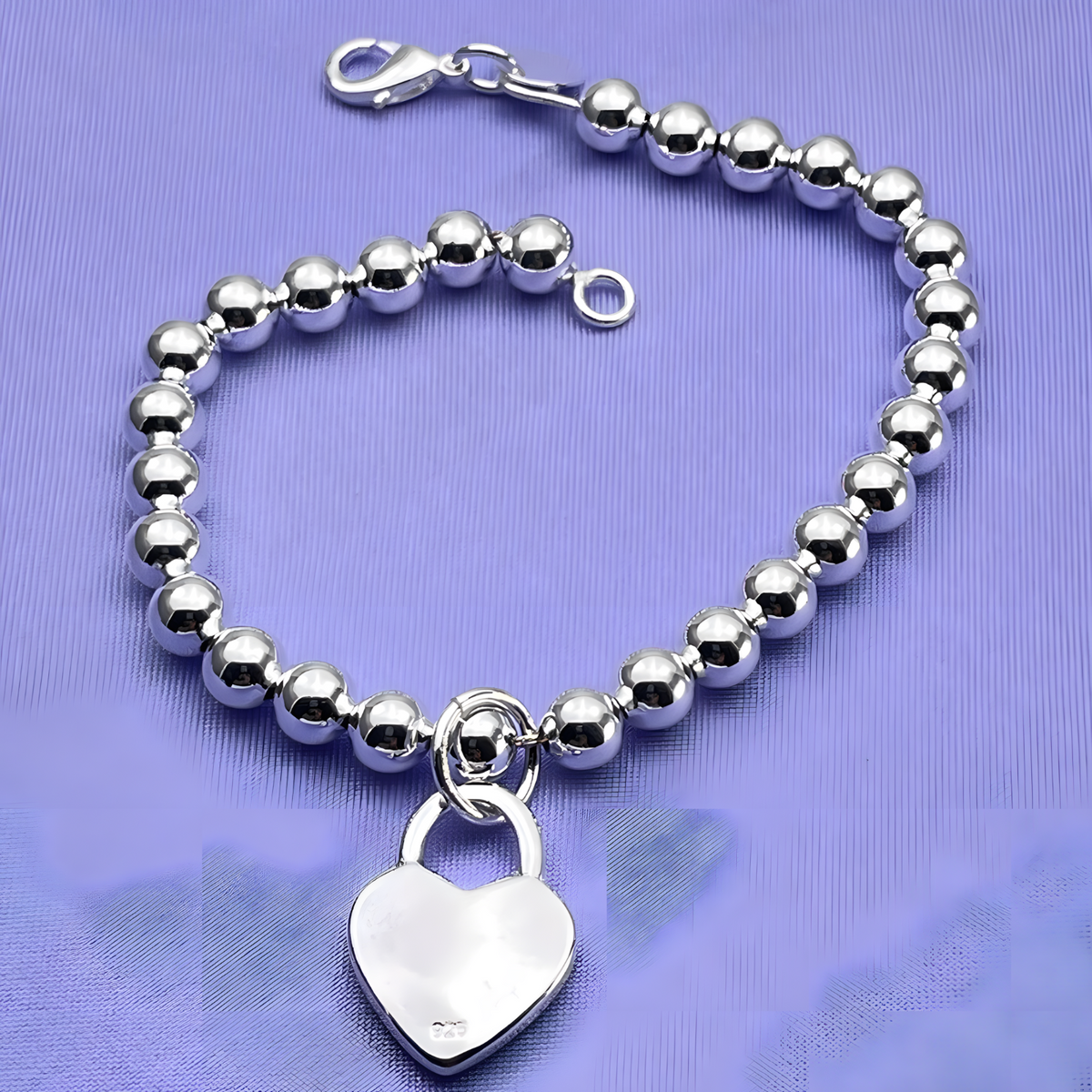 925 Sterling Silver 6MM beads chain charm Heart Pendant Bracelets for Women 1731