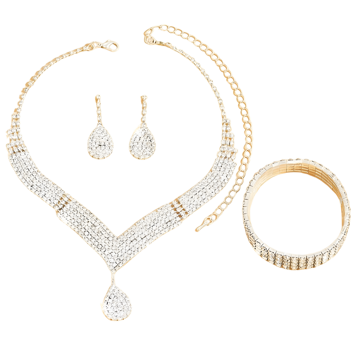4PCS Gold Colour Rhinestone Jewellery Set for Women Necklace Bracelet & Drop 671