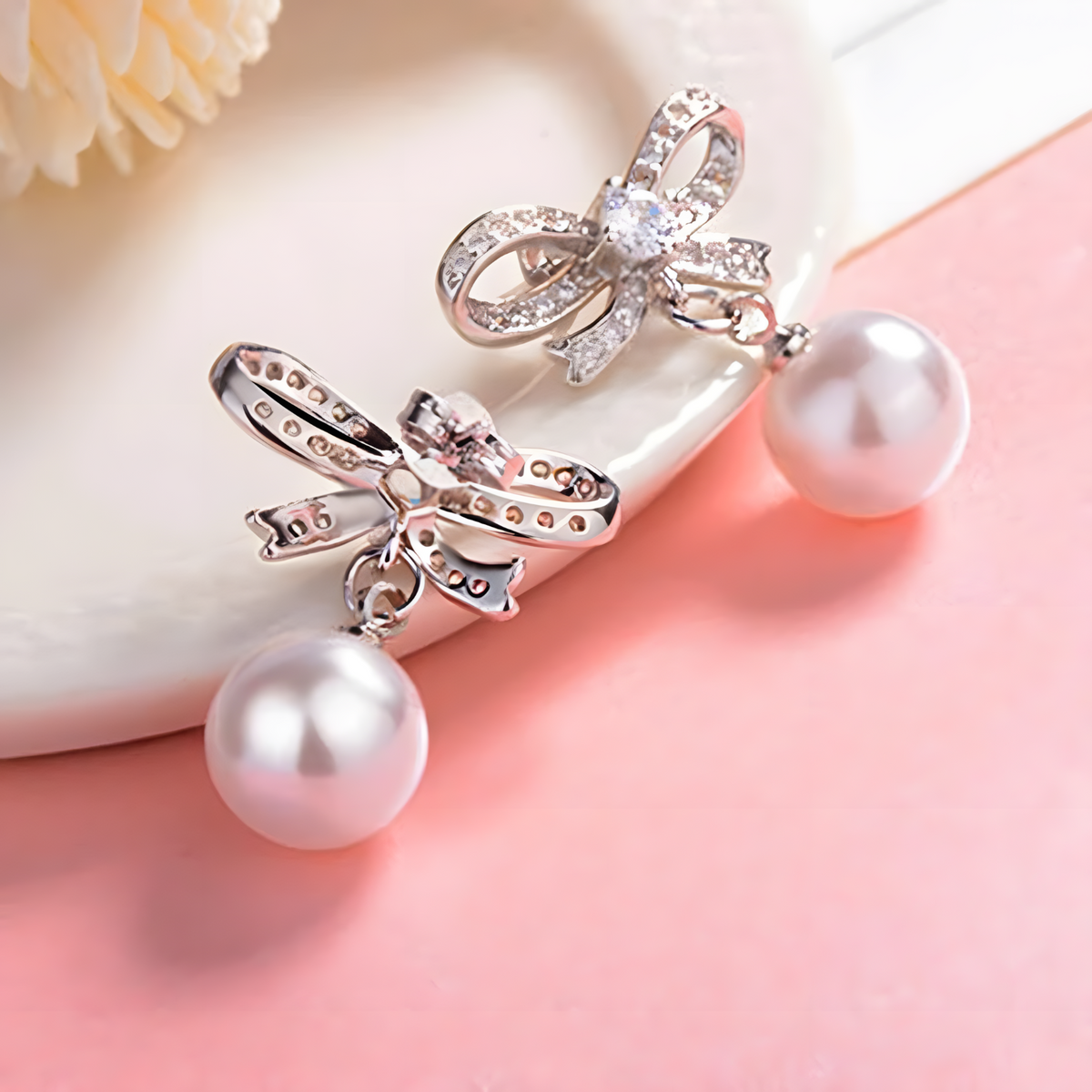 925 Sterling Silver Crystal Bow Pearl Drop Earings Dangle Earrings, Elegant 324