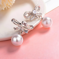 925 Sterling Silver Crystal Bow Pearl Drop Earings Dangle Earrings, Elegant 324