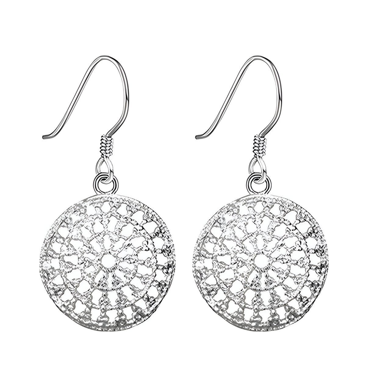 925 Sterling Silver Filigree Drop Earrings - Round Lace Dangle Earrings 362