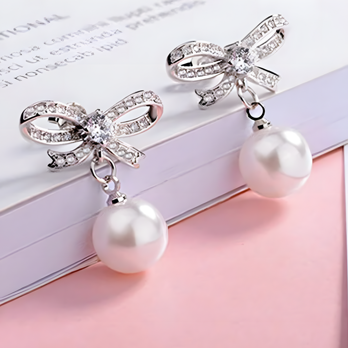 925 Sterling Silver Crystal Bow Pearl Drop Earings Dangle Earrings, Elegant 324