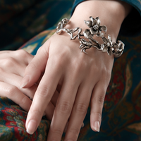 Vintage Floral Cuff Bracelet, Silver Tone Magnolia Flower Open Bangle 1799
