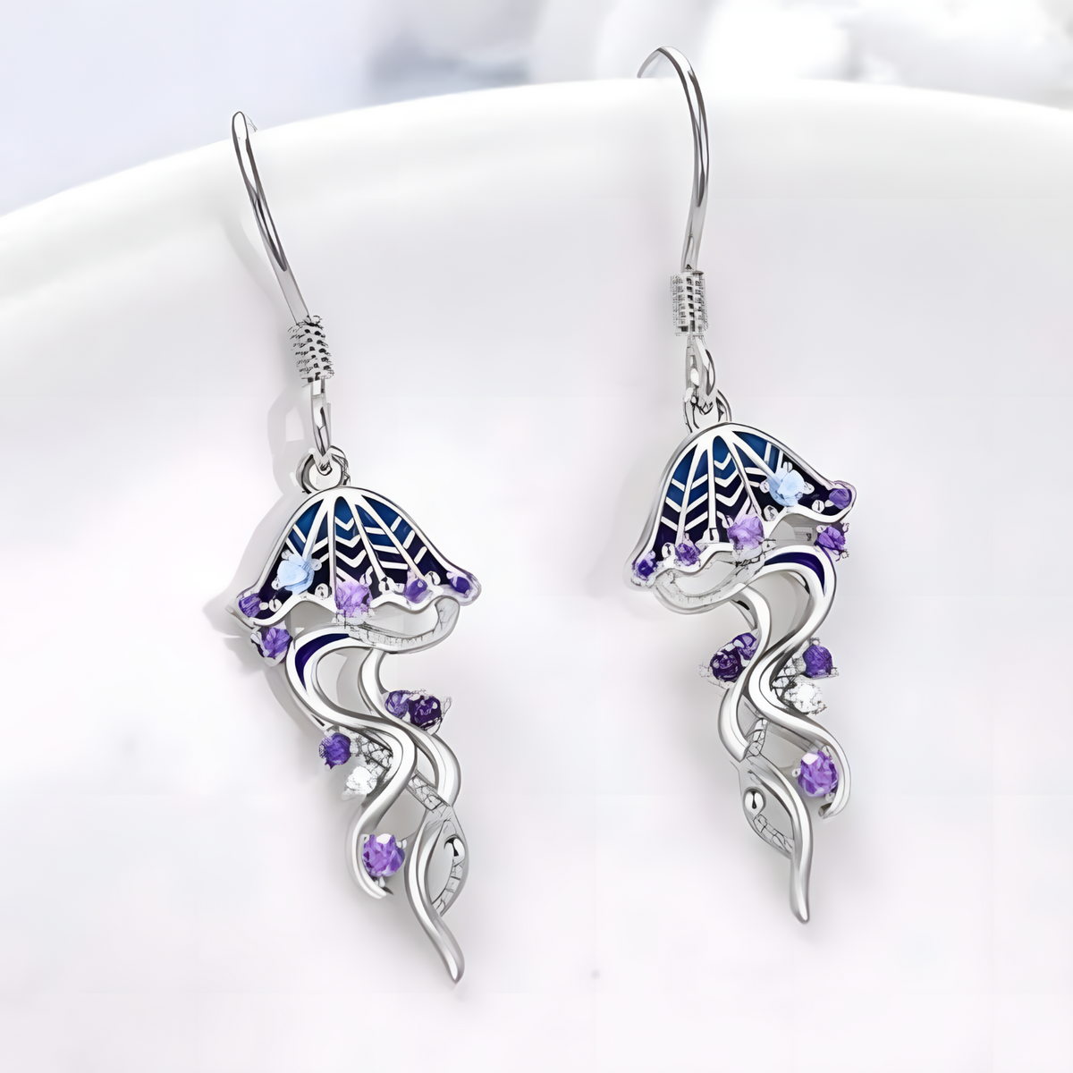 Oceanic Jellyfish Dangle Earrings — Purple Rhinestone & Blue Accent Stones 1432