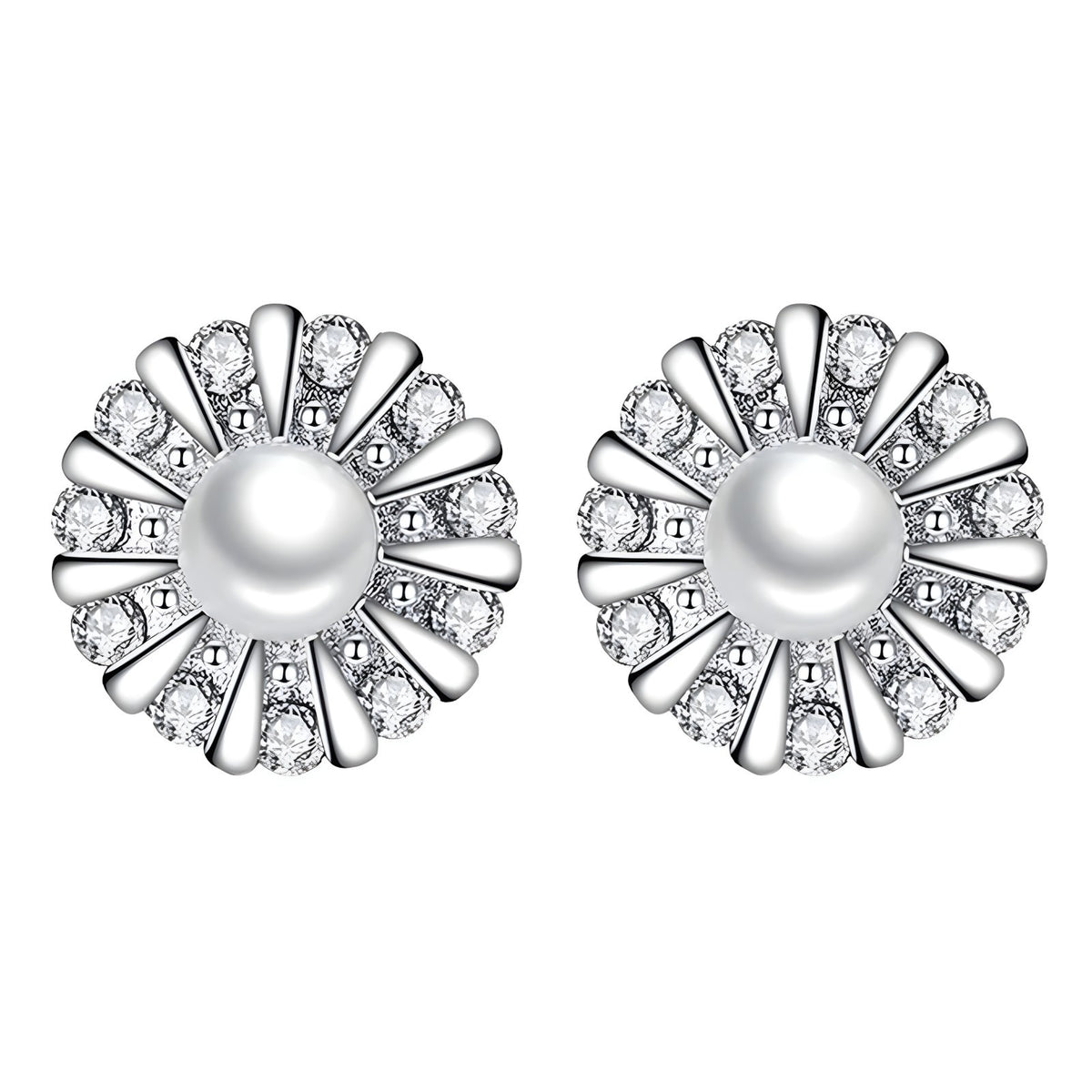 925 Sterling Silver Sunflower Stud Earrings Freshwater Pearl & Cubic Zircon 343