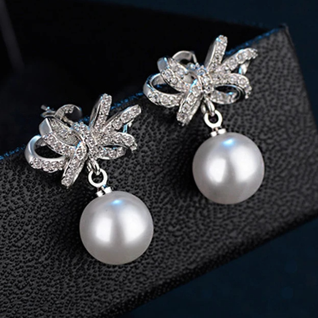 925 Sterling Silver Bow Knot Drop Earrings Pearls - CZ Bow & Pearl Dangle 351