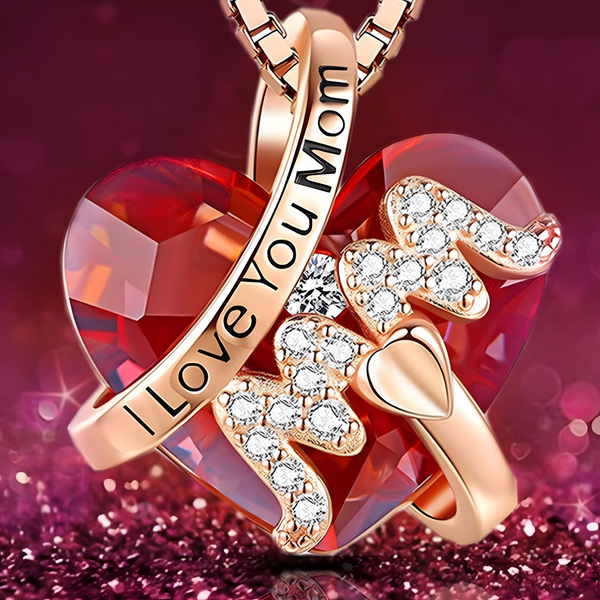 "I Love You Mom" Necklace -Red Crystal Heart Pendant Jewelry Gift for Mother B90