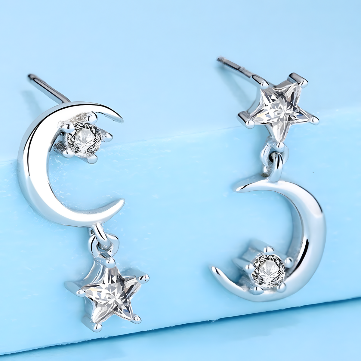 Moon And Star Crystal Stud Earrings Women Aluminium Alloy Metal Asymmetric  1060