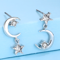 Moon And Star Crystal Stud Earrings Women Aluminium Alloy Metal Asymmetric  1060