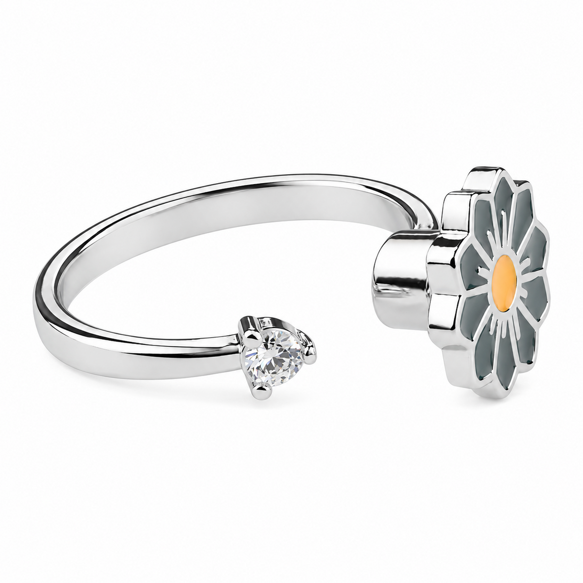 Daisy Flower Adjustable Open Ring Silver Tone Statement Ring Clear Accent 1596