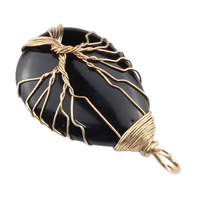 Gold Black Agate Tree Of Life Pendant Necklace For Women Oval Gemstone 1344