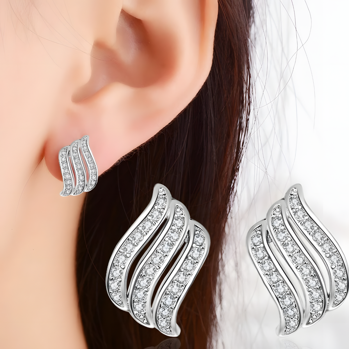 925 Sterling Silver Wave Design Earrings for Women – Sparkling Crystal Studs 311