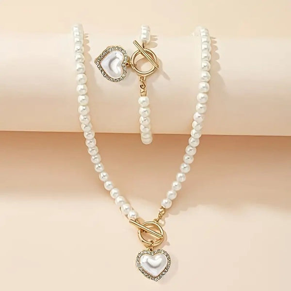 1 Pc Bracelet 1 Pc Necklace Heart Pendant OT Buckle Imitation Pearl Design 80 UK