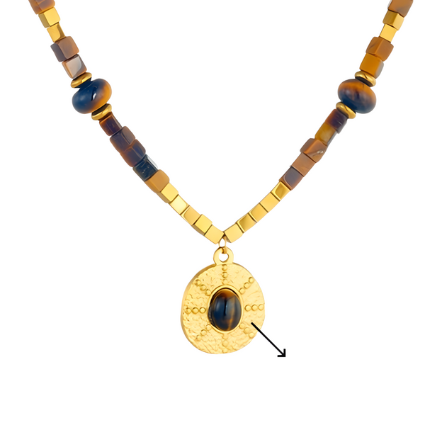 316L Gold Tone Tiger Eye Beaded Pendant Necklace Women Round Charm 1708