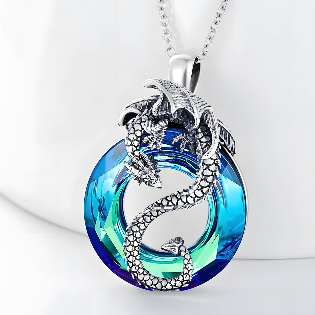 Cool Dragon Pendant Necklace Women, Men, Blue Crystal Hollowed Out Jewelry B149