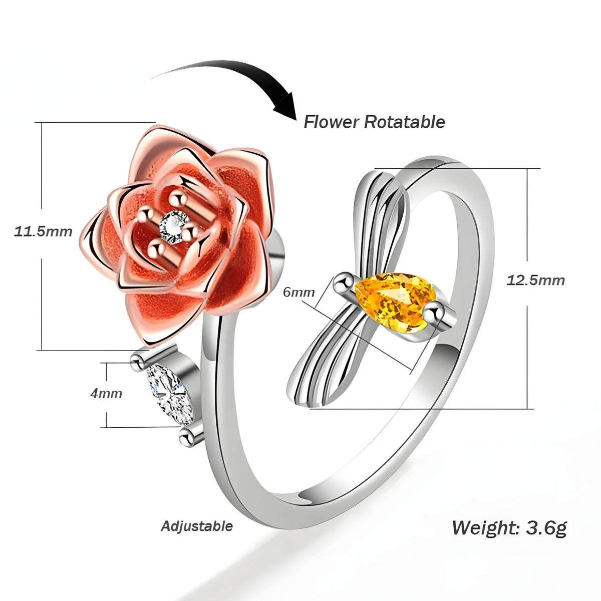 Unified Jewellery Rotatable Rose Flower Ring (Adjustable) Silver Tone Floral 388