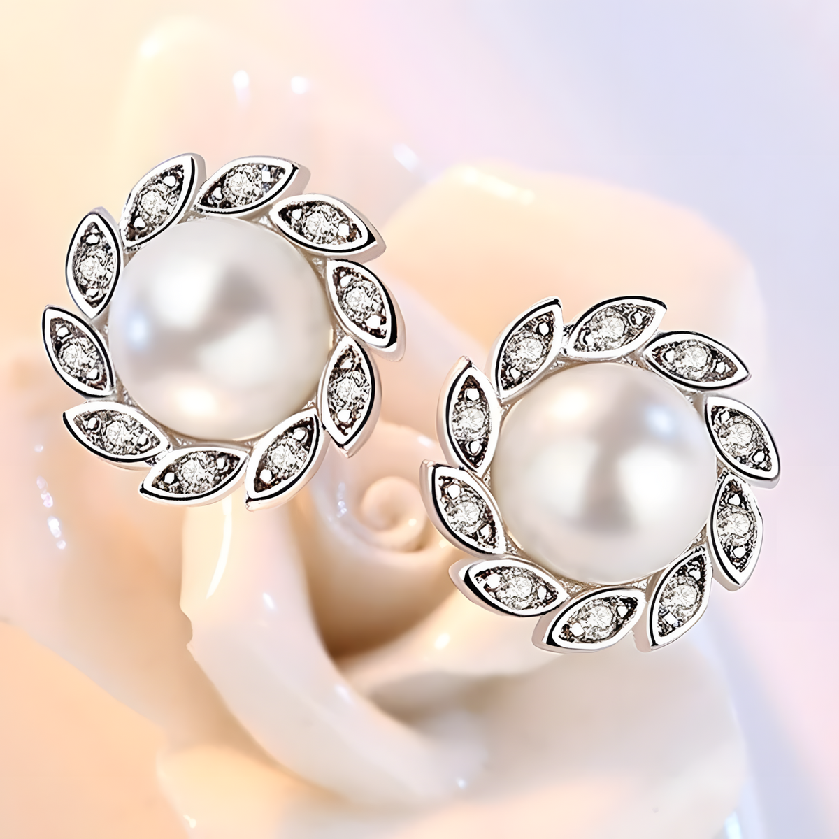 Sterling Silver Pearl Stud Earrings Women - 925 Silver Leaf-Inspired Crystal 310