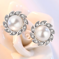 Sterling Silver Pearl Stud Earrings Women - 925 Silver Leaf-Inspired Crystal 310